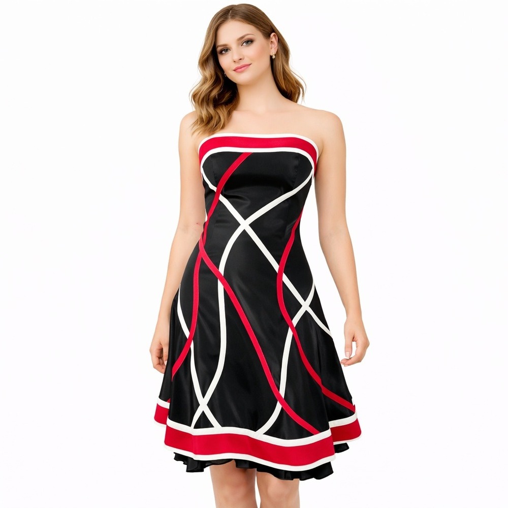 Jessica McClintock Womens Dress Strapless Black Satin Cocktail Red White Stripes